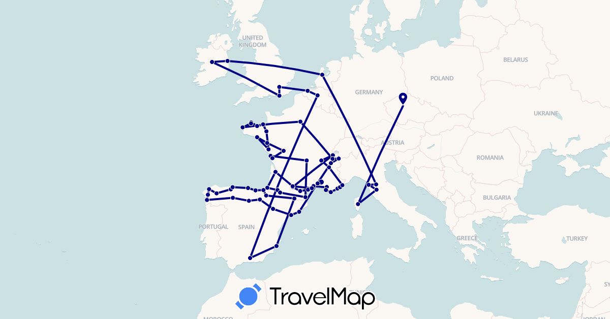 TravelMap itinerary: driving in Andorra, Belgium, Switzerland, Czech Republic, Spain, France, United Kingdom, Ireland, Italy, Netherlands (Europe)